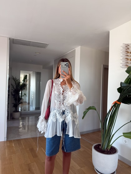 Eva Dantelli Şifon Bluz - Beyaz