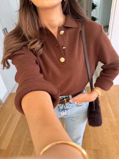 Evelyn Gold Düğmeli Polo Yaka  Triko - Kahve