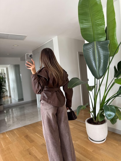 Fermuar Detaylı Kuşaklı Deri Ceket - Kahve