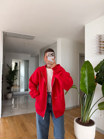 Fermuarlı Şardonlu Sweatshirt - Kırmızı