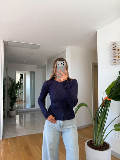 Fitilli Pullu Bluz - Lacivert
