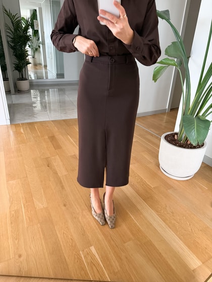 Freya Önden Yırtmaçlı Midi Etek - Kahve