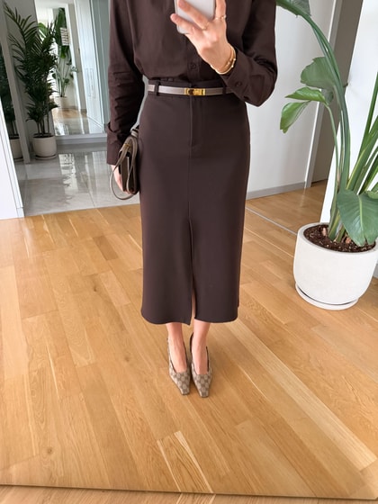 Freya Önden Yırtmaçlı Midi Etek - Kahve