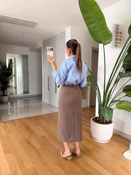 Freya Önden Yırtmaçlı Midi Etek - Sütlü Kahve