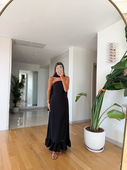 Fularlı Straplez Elbise - Siyah 