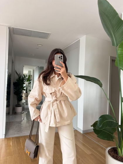 Gabardin Kemerli Ceket Pantolon Takım- Ekru