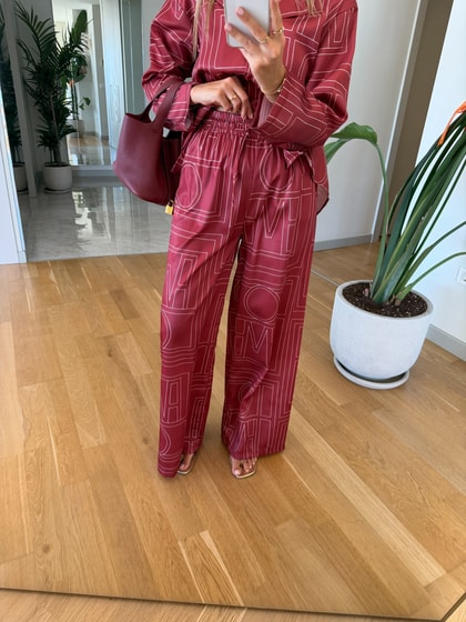 Geometrik Desenli Pantolon Takım - Bordo
