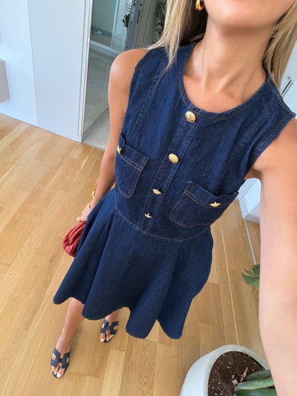 Gold Düğme Detaylı Denim Elbise