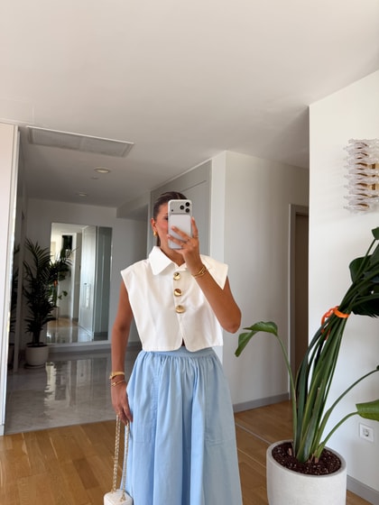 Gold Düğmeli Crop Yelek - Ekru