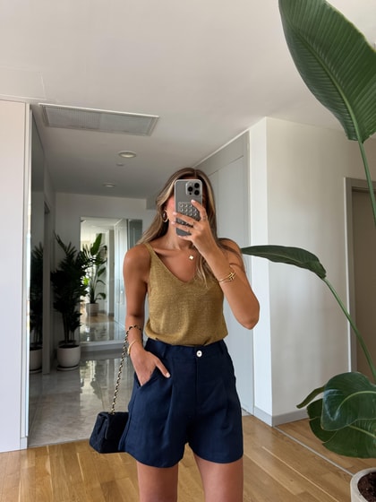 Gold Simli Askılı Triko Bluz - Haki 