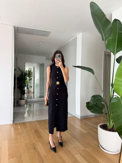 Gold Toka Kemerli Midi Elbise- Siyah