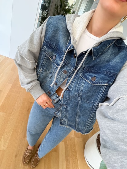 Gri  Sweat Detaylı  Kapüşonlu Kot Ceket 
