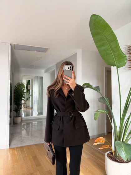 Hakim Yaka Kemerli Blazer - Acı Kahve