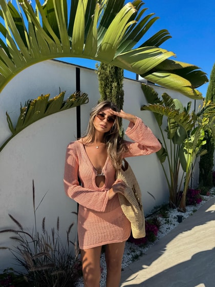 Halka Tokalı Örgü Mini Elbise - Yavruağzı