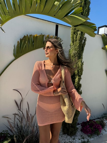 Halka Tokalı Örgü Mini Elbise - Yavruağzı