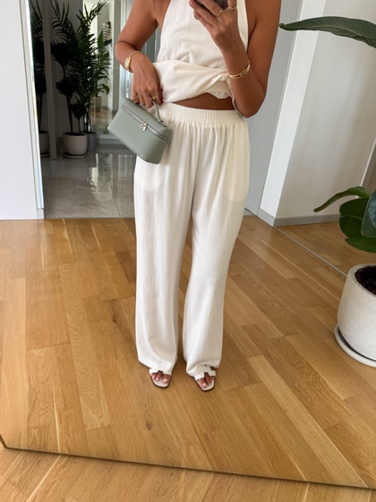 Halter Yaka Arkası Bağlama Detaylı Bluz Pantolon Takım - Ekru 