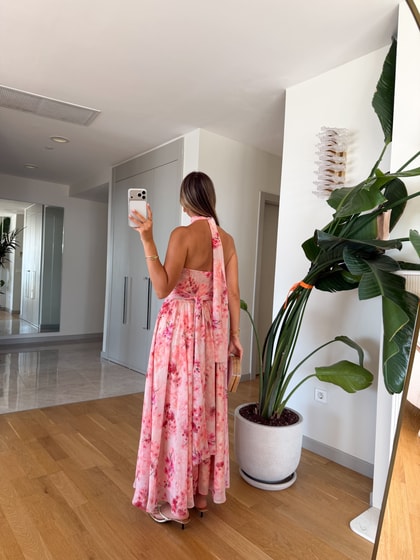 Halter Yaka Çiçek Desenli Elbise 