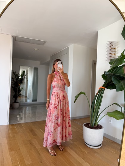 Halter Yaka Çiçek Desenli Elbise 