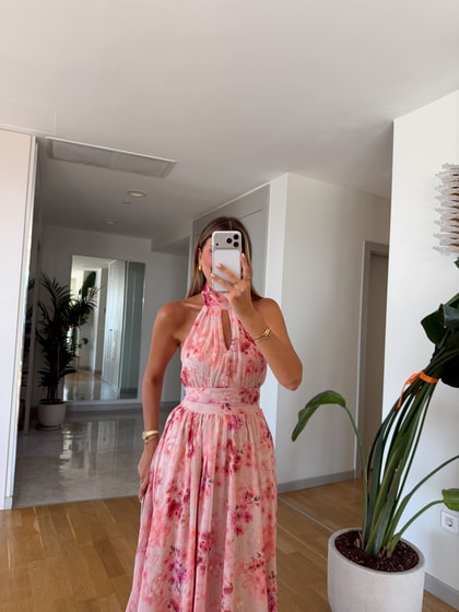 Halter Yaka Çiçek Desenli Elbise 