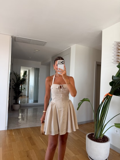 Halter Yaka Pötikareli Mini Elbise - Bej 
