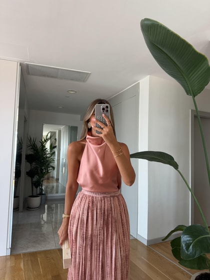Halter Yaka Saten Bluz - Gül Kurusu