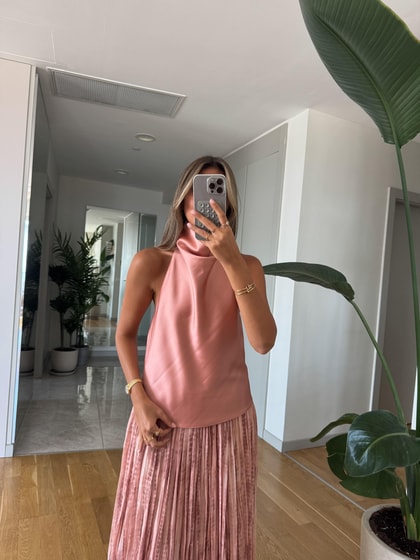 Halter Yaka Saten Bluz - Gül Kurusu