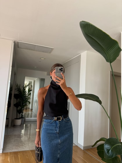 Halter Yaka Saten Bluz - Siyah