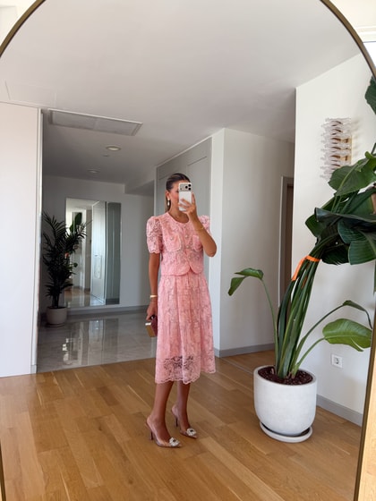 İthal Dantelli İnci Düğmeli Takım - Pembe