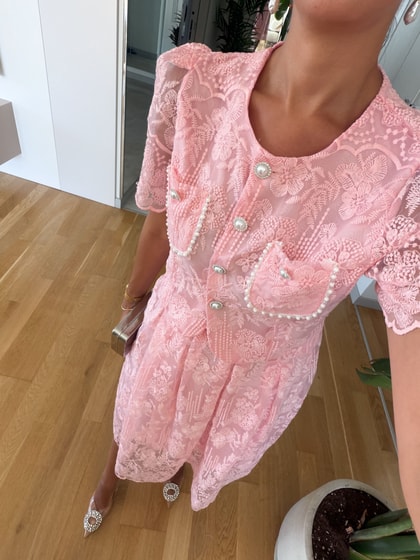 İthal Dantelli İnci Düğmeli Takım - Pembe