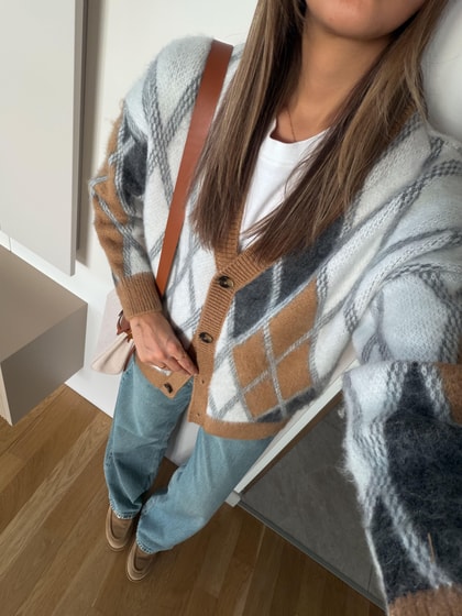 İvo Baklava Desenli Hırka - Camel-Ekru