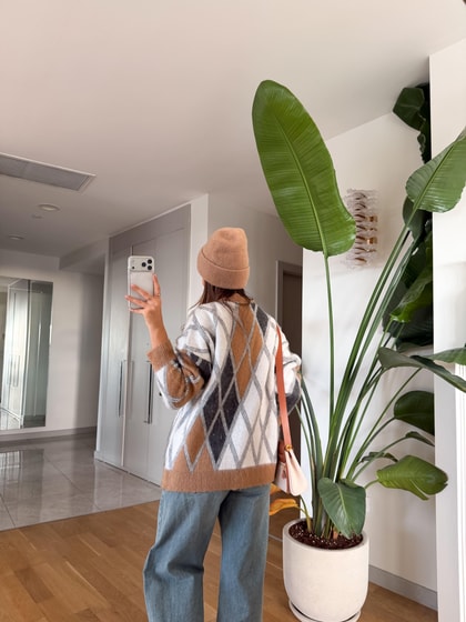 İvo Baklava Desenli Hırka - Camel-Ekru