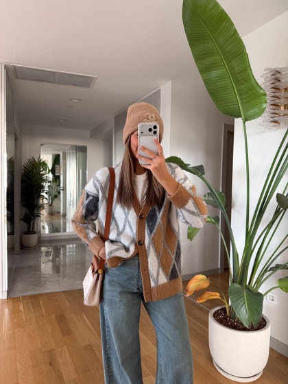 İvo Baklava Desenli Hırka - Camel-Ekru