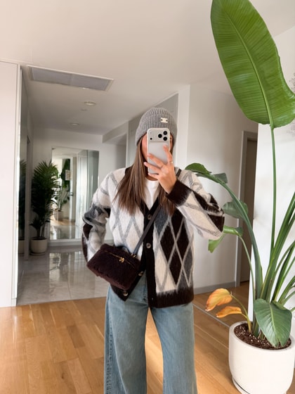 İvo Baklava Desenli Hırka -Kahve- Ekru