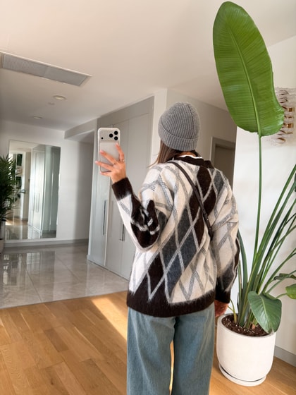 İvo Baklava Desenli Hırka -Kahve- Ekru