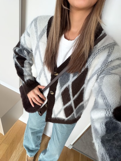 İvo Baklava Desenli Hırka -Kahve- Ekru