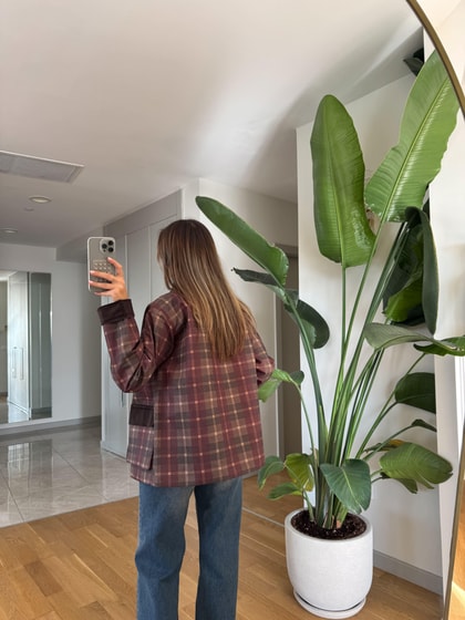 Kadife Yakalı Bordo Ekoseli Ceket