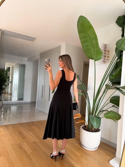 Kate Kare Yaka Midi Elbise - Siyah