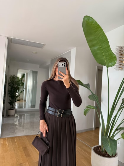 Kayık Yaka Kaşmir Triko - Koyu Kahve