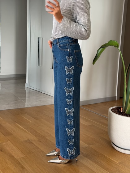 Kelebek Nakışlı Jean - Mavi