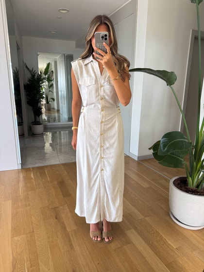 Keten Dokulu Gold Düğmeli Midi Elbise - Natural