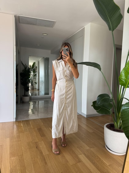 Keten Dokulu Gold Düğmeli Midi Elbise - Natural