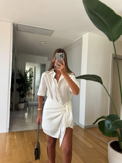 Keten Pareo Etek Gömlek Takım - Ekru