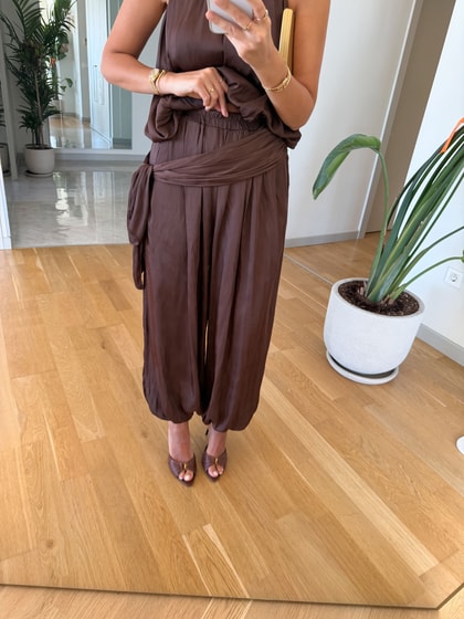 Kourtney Saten Şalvar Takım - Kahve
