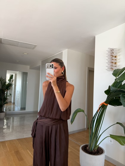 Kourtney Saten Şalvar Takım - Kahve