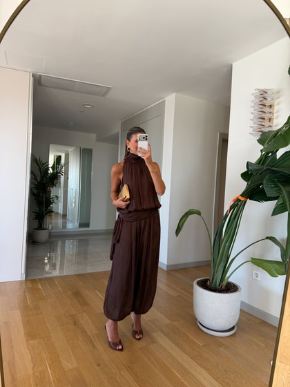 Kourtney Saten Şalvar Takım - Kahve