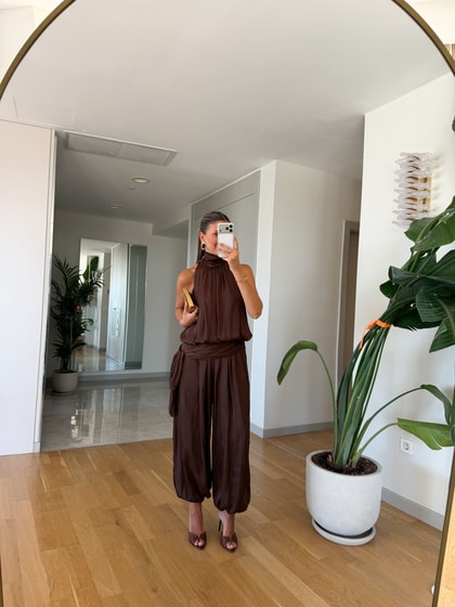 Kourtney Saten Şalvar Takım - Kahve