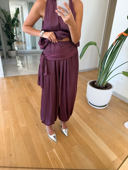 Kourtney Saten Şalvar Takım - Mürdüm 