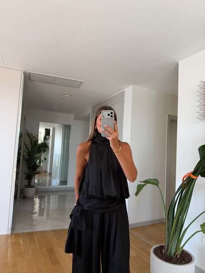 Kourtney Saten Şalvar Takım - Siyah