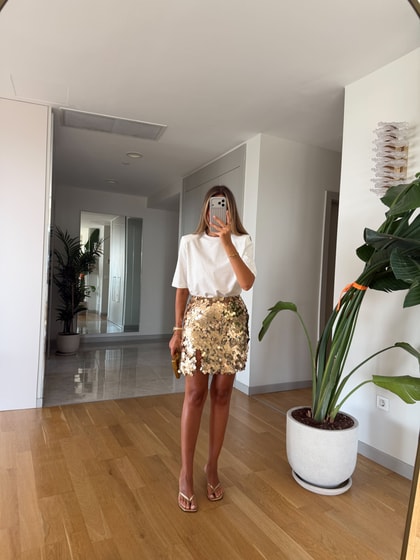 Kris Payetli Yırtmaçlı Mini Etek - Gold
