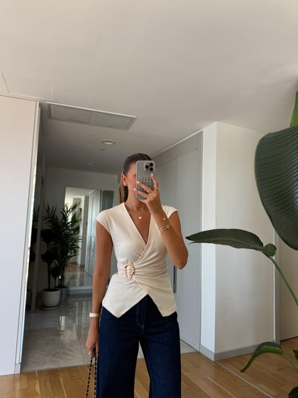 Kruvaze Tokalı Basic Bluz - Taş
